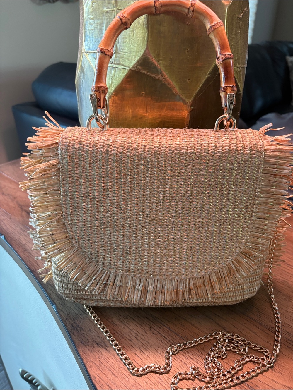 NWT Tommy Bahama Woven Straw & Shimmer Gold Fringe Bag w/Bamboo Handle
